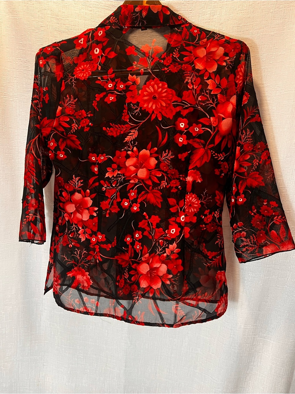 Notations Sheer Black Blouse with Red Floral Print